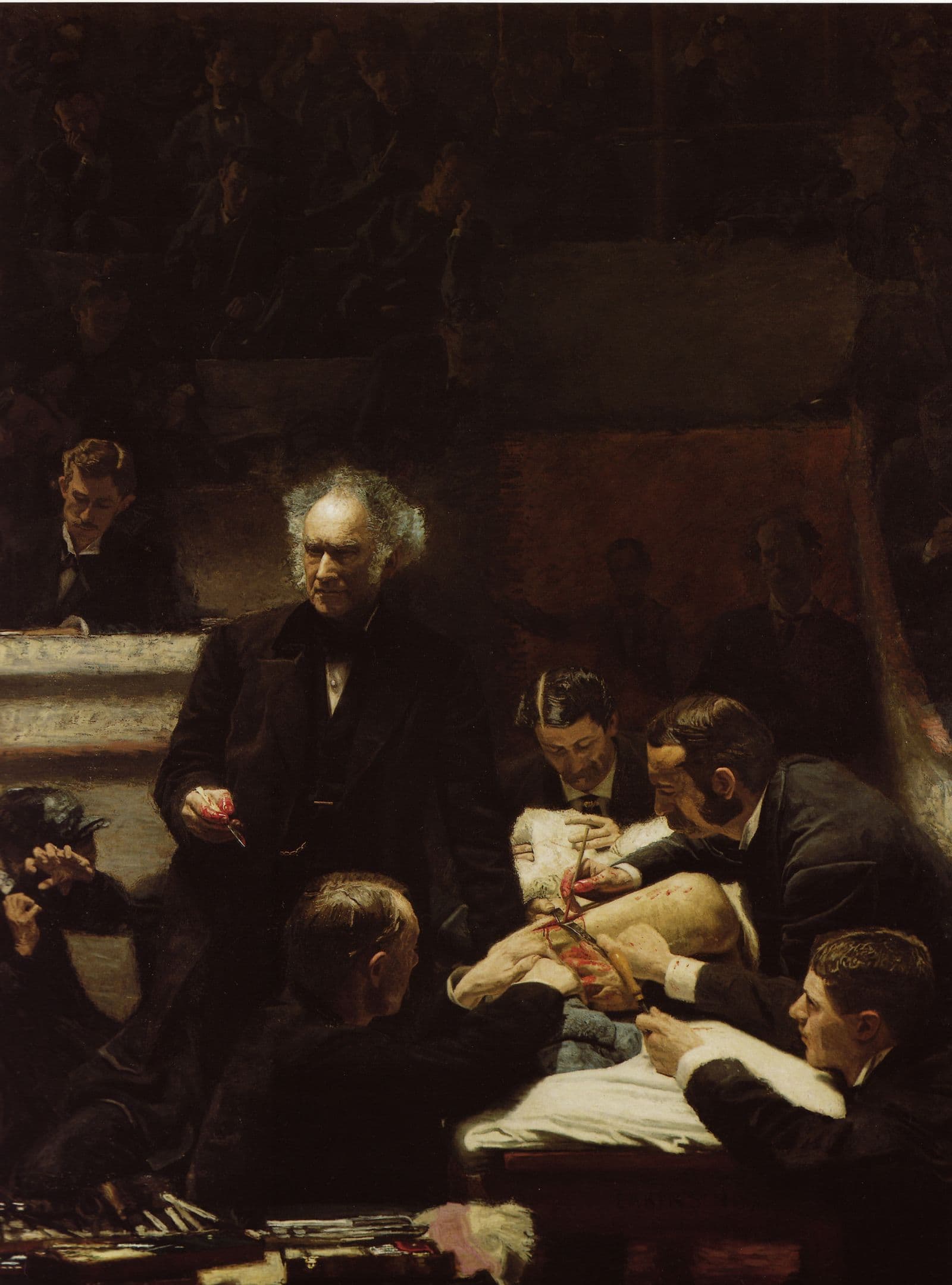 Pintura de um cirurgião que se volta para a plateia durante uma operação.