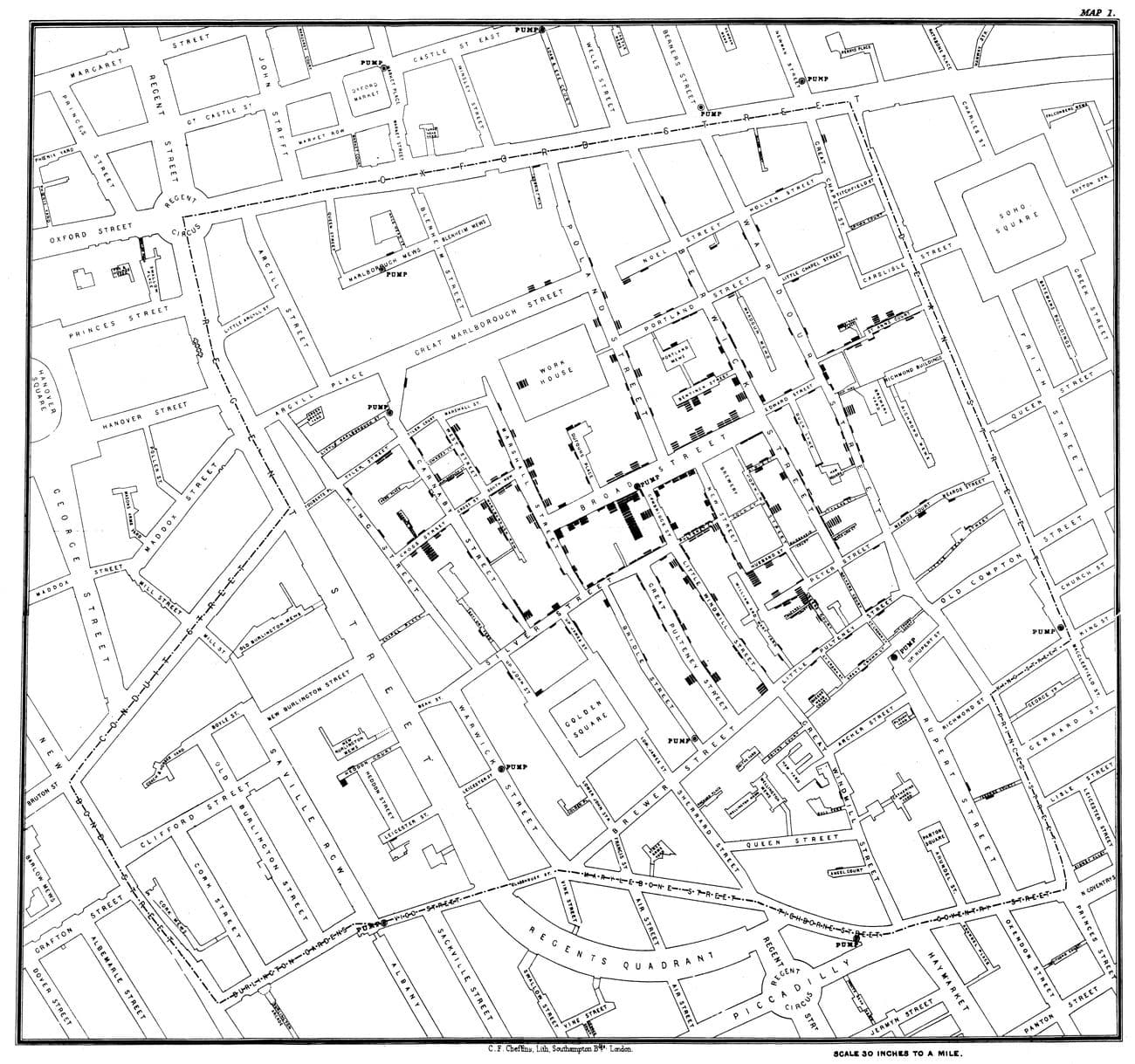 Mapa antigo de ruas de Londres com marcas pretas onde houve mortes por cólera.