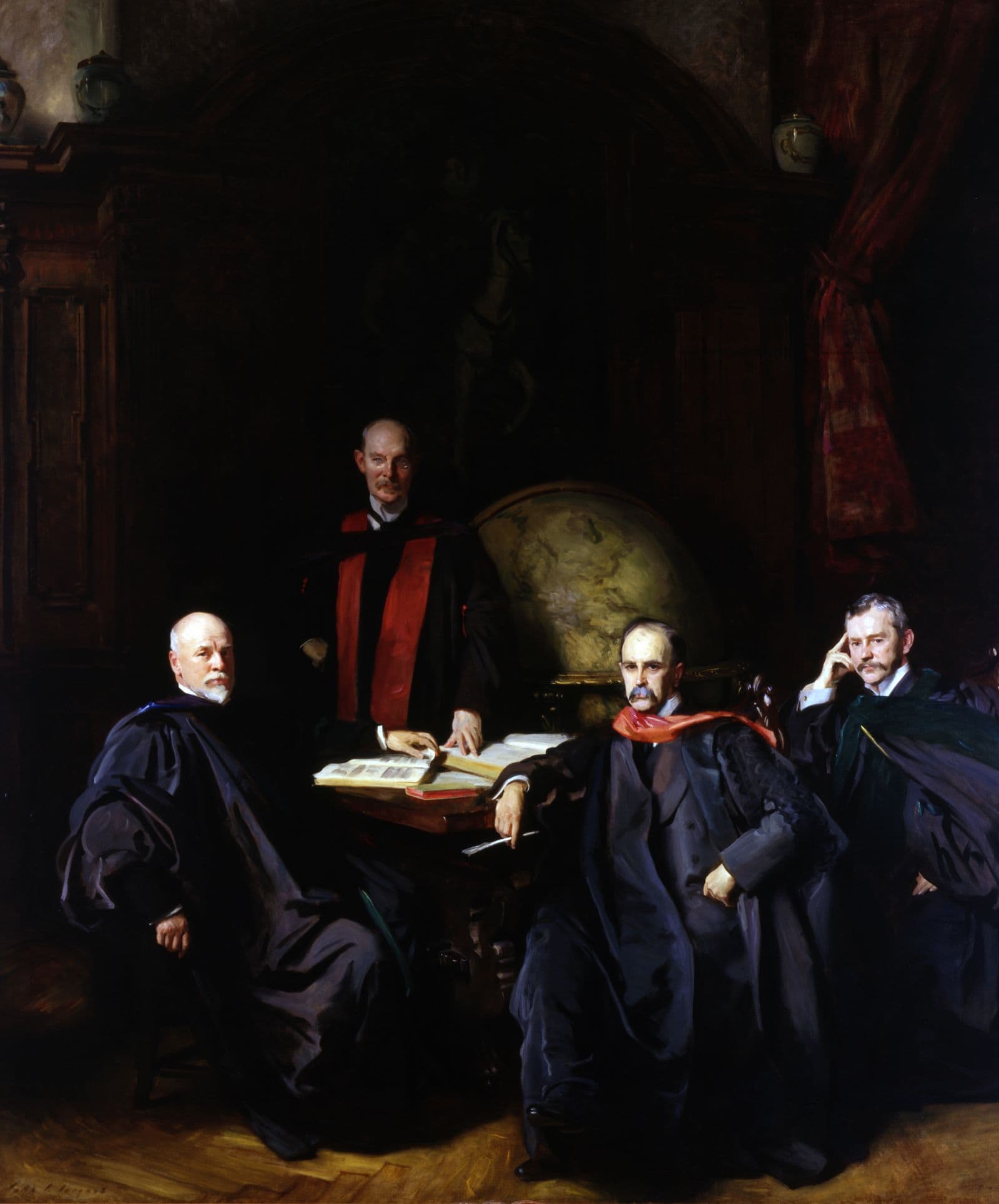 Pintura de quatro médicos reunidos numa biblioteca.