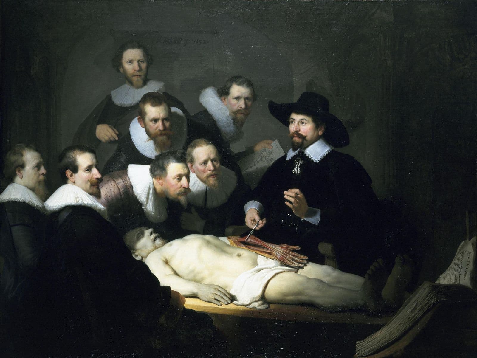 Pintura de um professor explicando a anatomia de um braço a um grupo de médicos.
