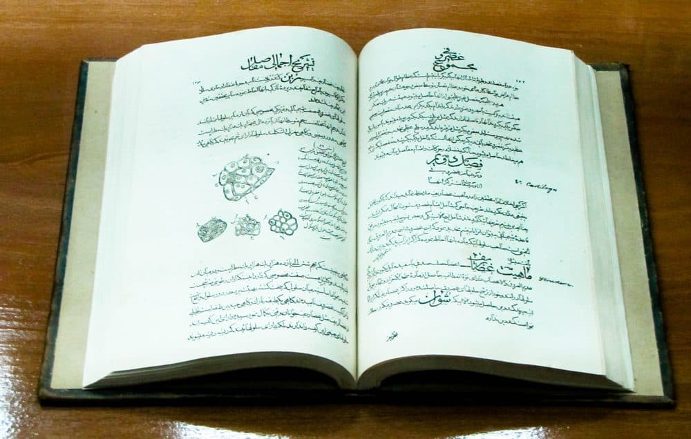 Um livro antigo aberto sobre a mesa, com texto em escrita árabe e pequenos desenhos na margem.